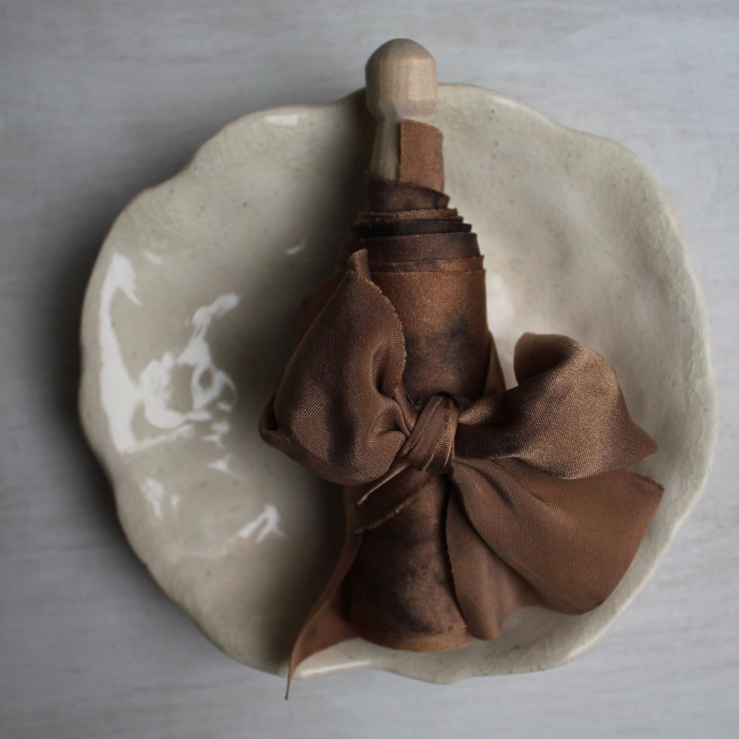 Organic leaf print on silk ribbon for wedding decor