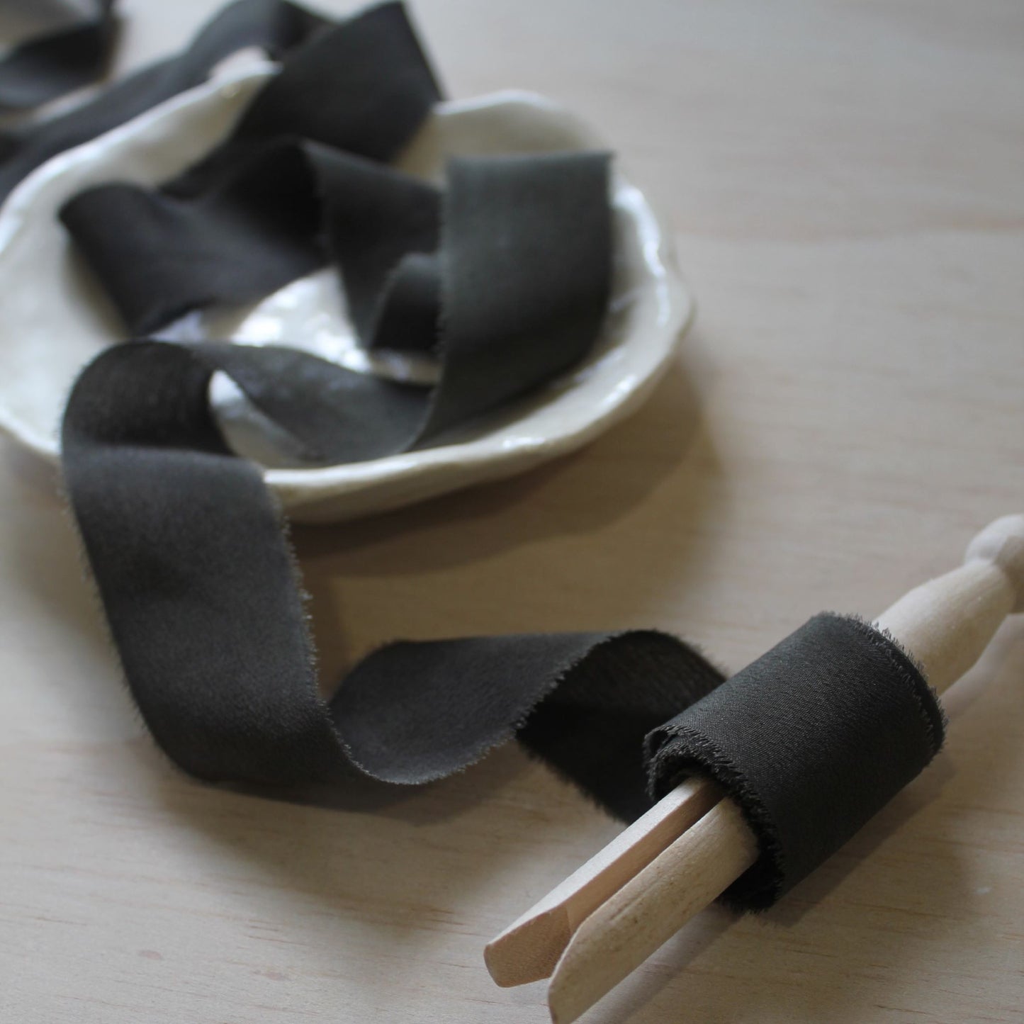 DARK CHARCOAL Silk Crepe de Chine Ribbon Hand Torn - LAST CHANCE