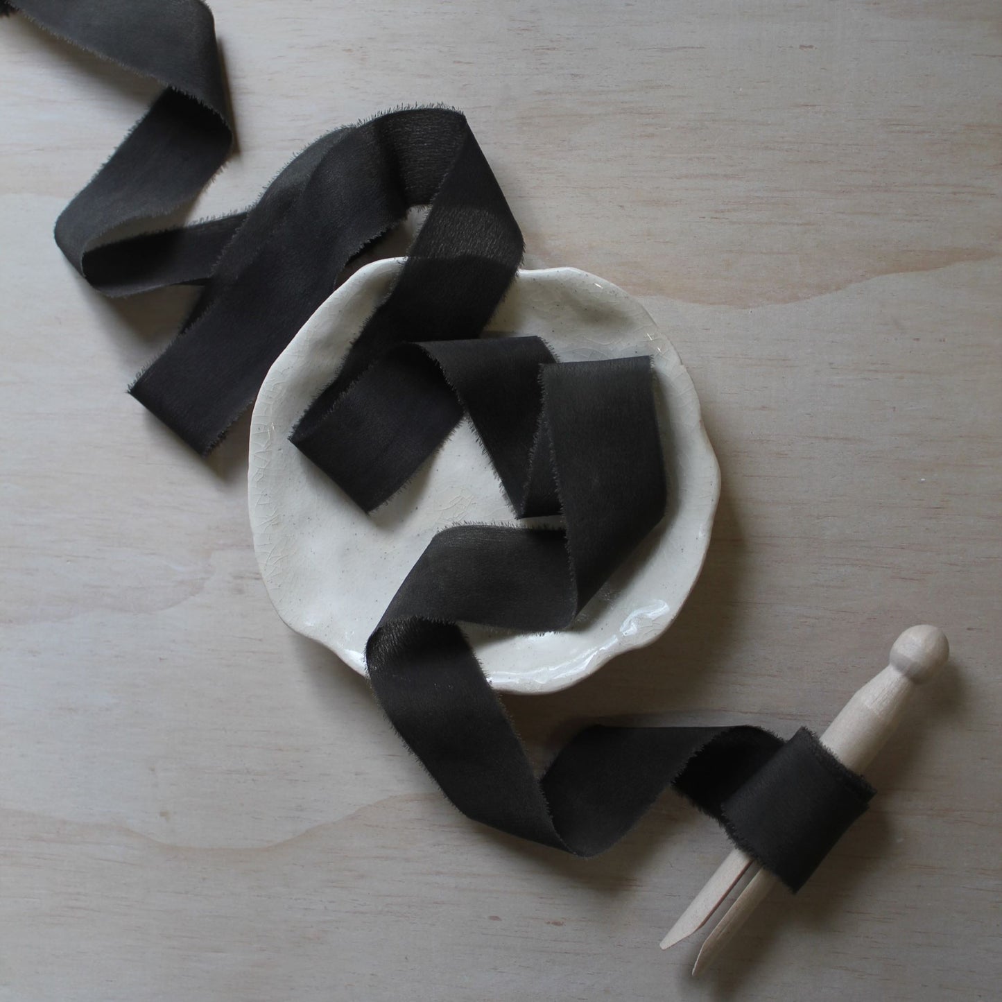 DARK CHARCOAL Silk Crepe de Chine Ribbon Hand Torn - LAST CHANCE