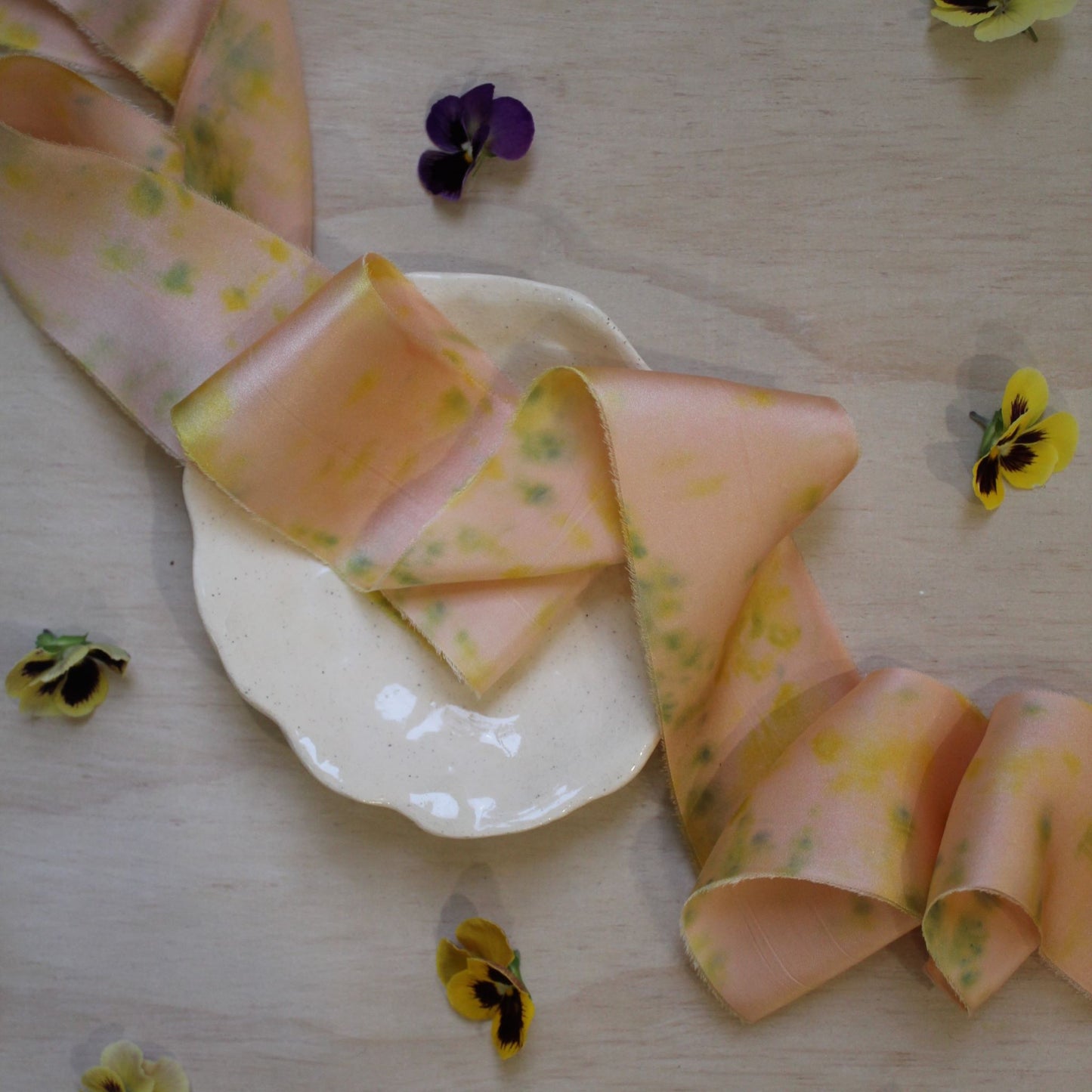 PANSY print Silk Charmeuse Ribbon Hand Torn