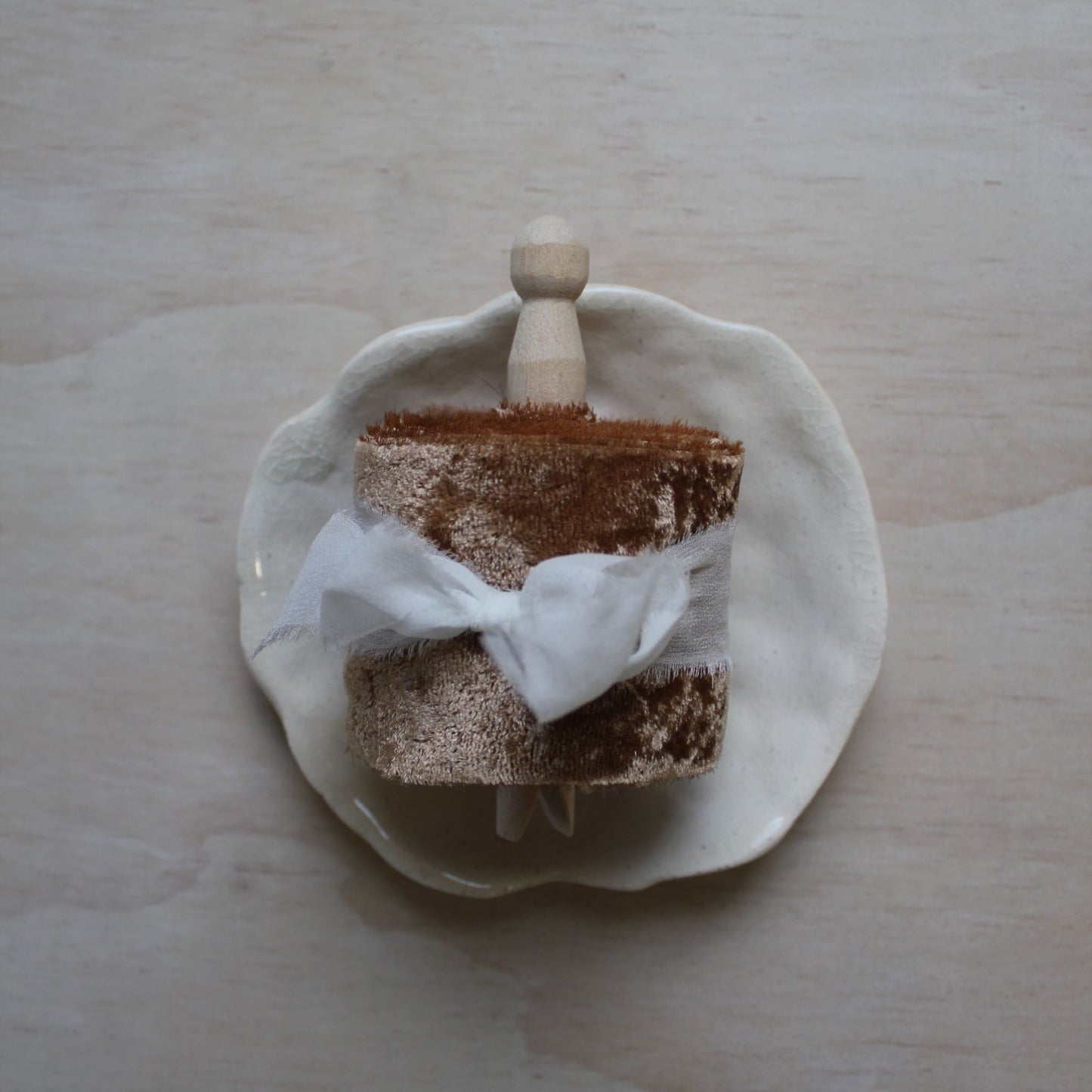 TERRA COTTA silk velvet ribbon hand torn on a decorative plate, ideal for weddings and florists, eco-friendly and Canadian made.