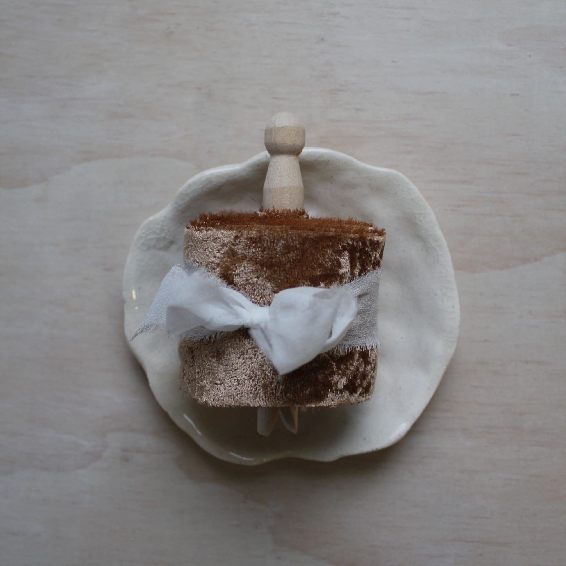 TERRA COTTA silk velvet ribbon hand torn on a decorative plate, ideal for weddings and florists, eco-friendly and Canadian made.