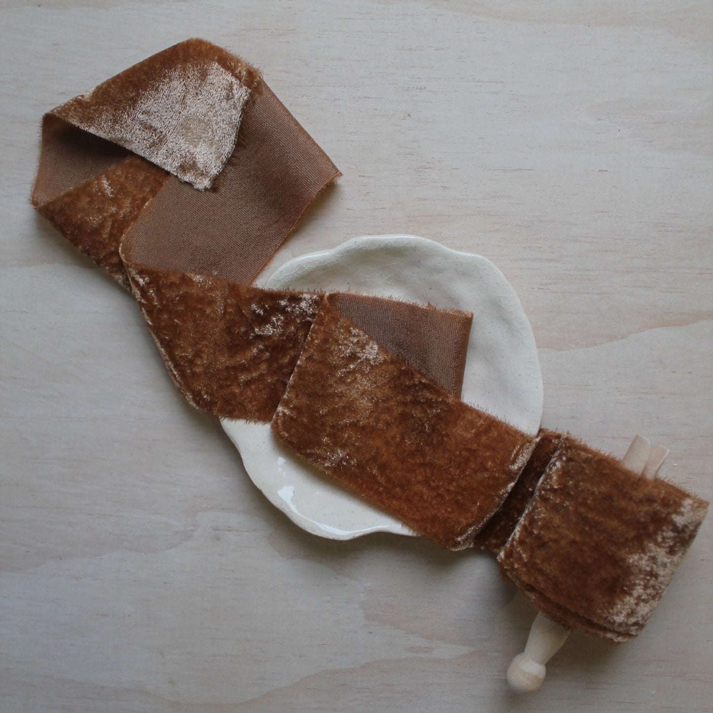 TERRA COTTA silk velvet ribbon hand torn on a plate, eco-friendly bridal accessory for weddings and floral arrangements.