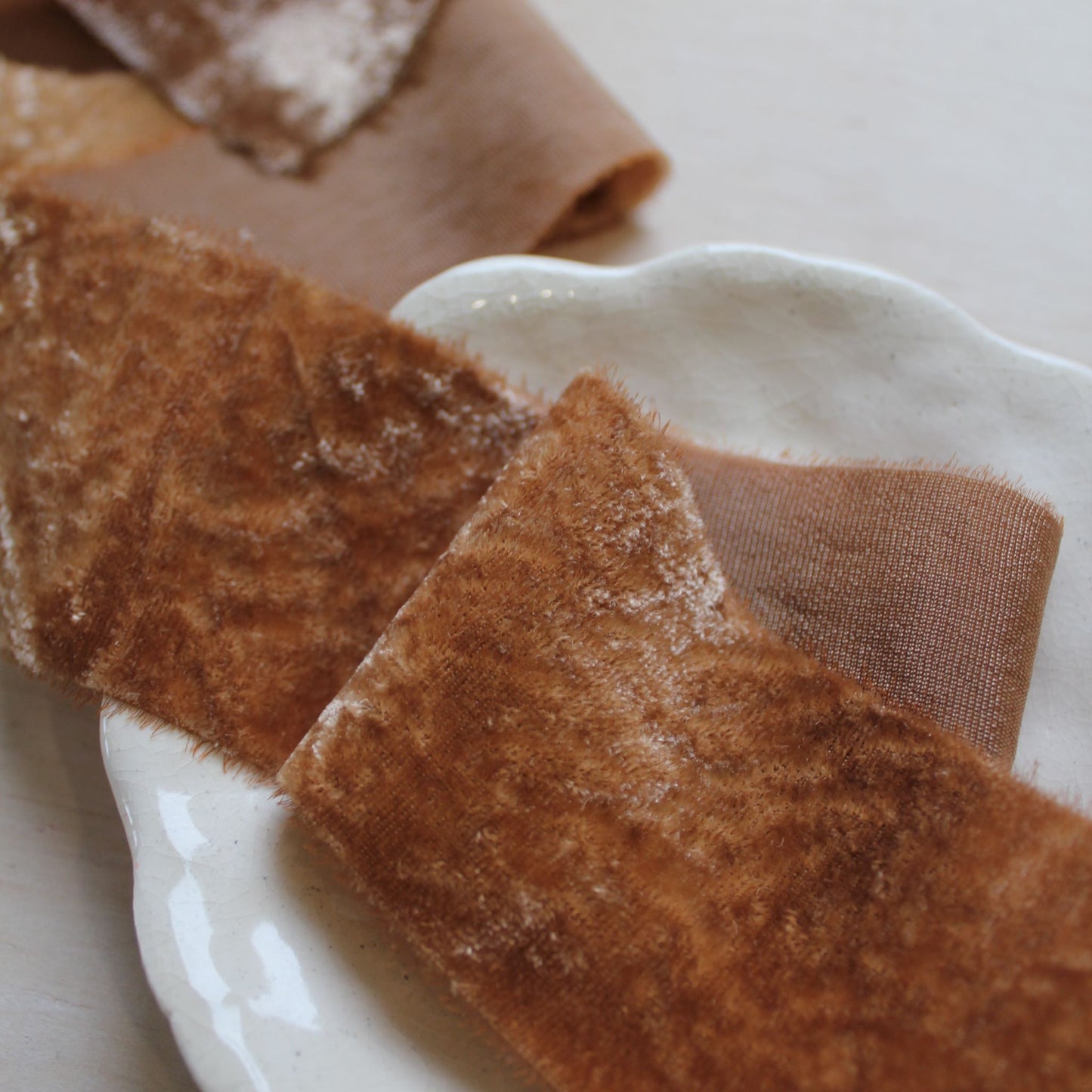 TERRA COTTA silk velvet ribbon hand torn, eco-friendly, naturally dyed, perfect for weddings and bridal bouquets.