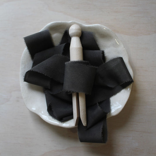 DARK CHARCOAL Silk Crepe de Chine Ribbon Hand Torn - LAST CHANCE