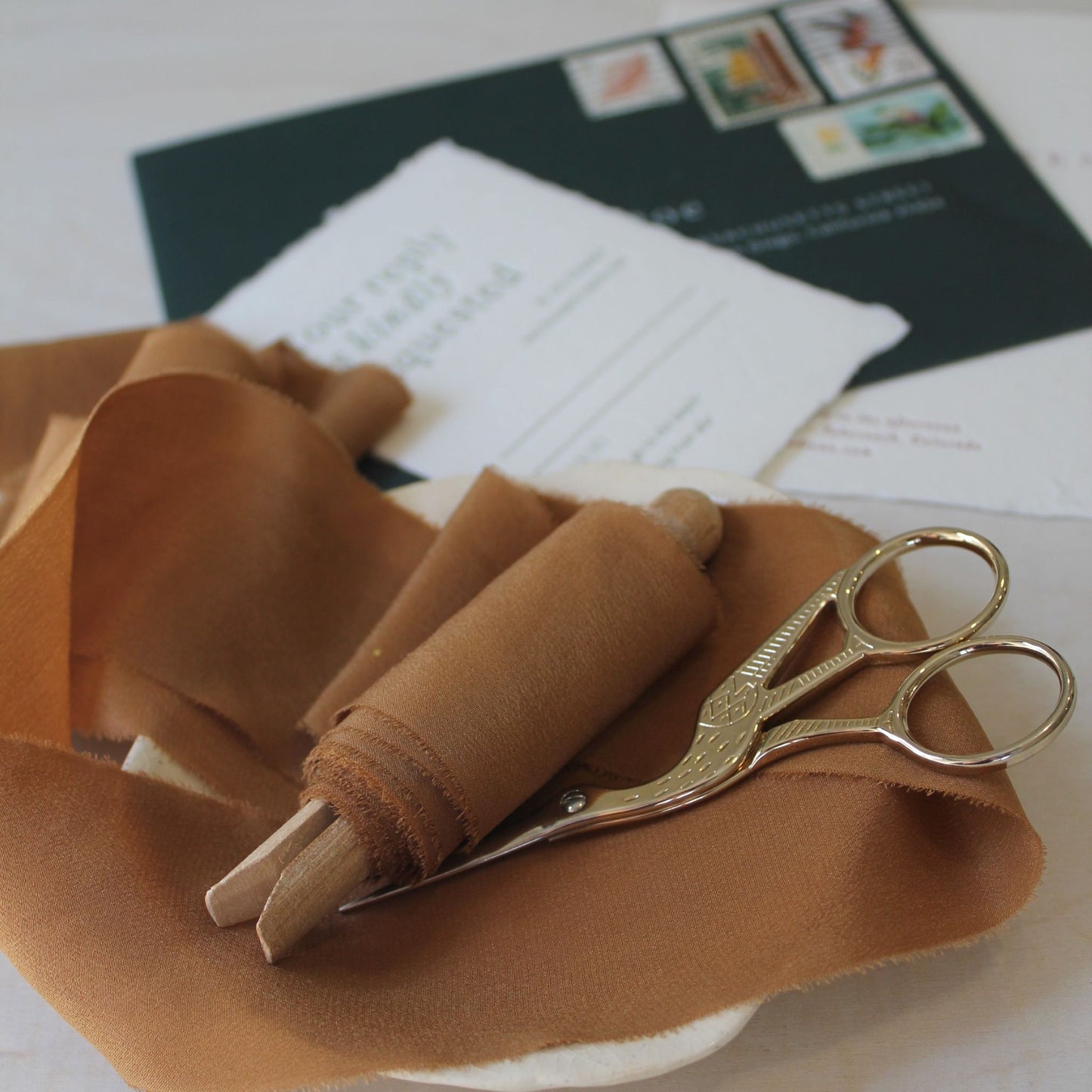 Naturally dyed terra cotta silk ribbon made in Canada