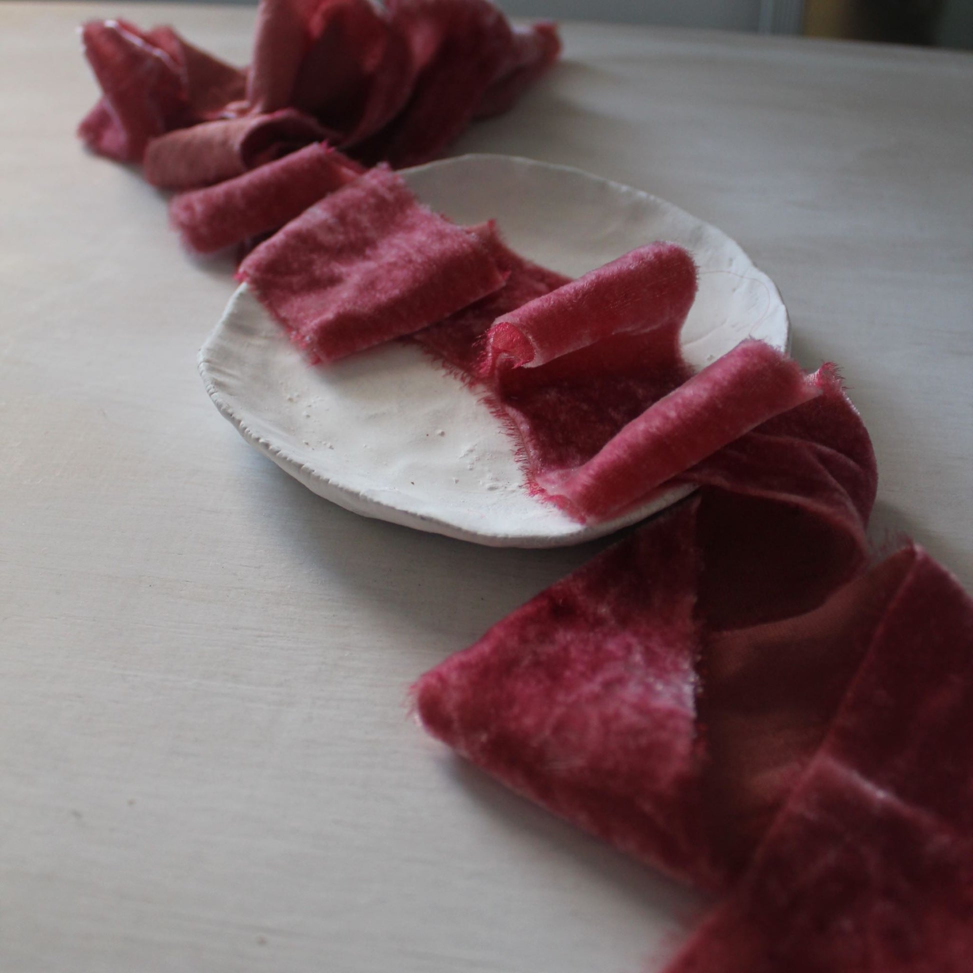 Naturally dyed berry silk velvet ribbon in romantic wedding styling