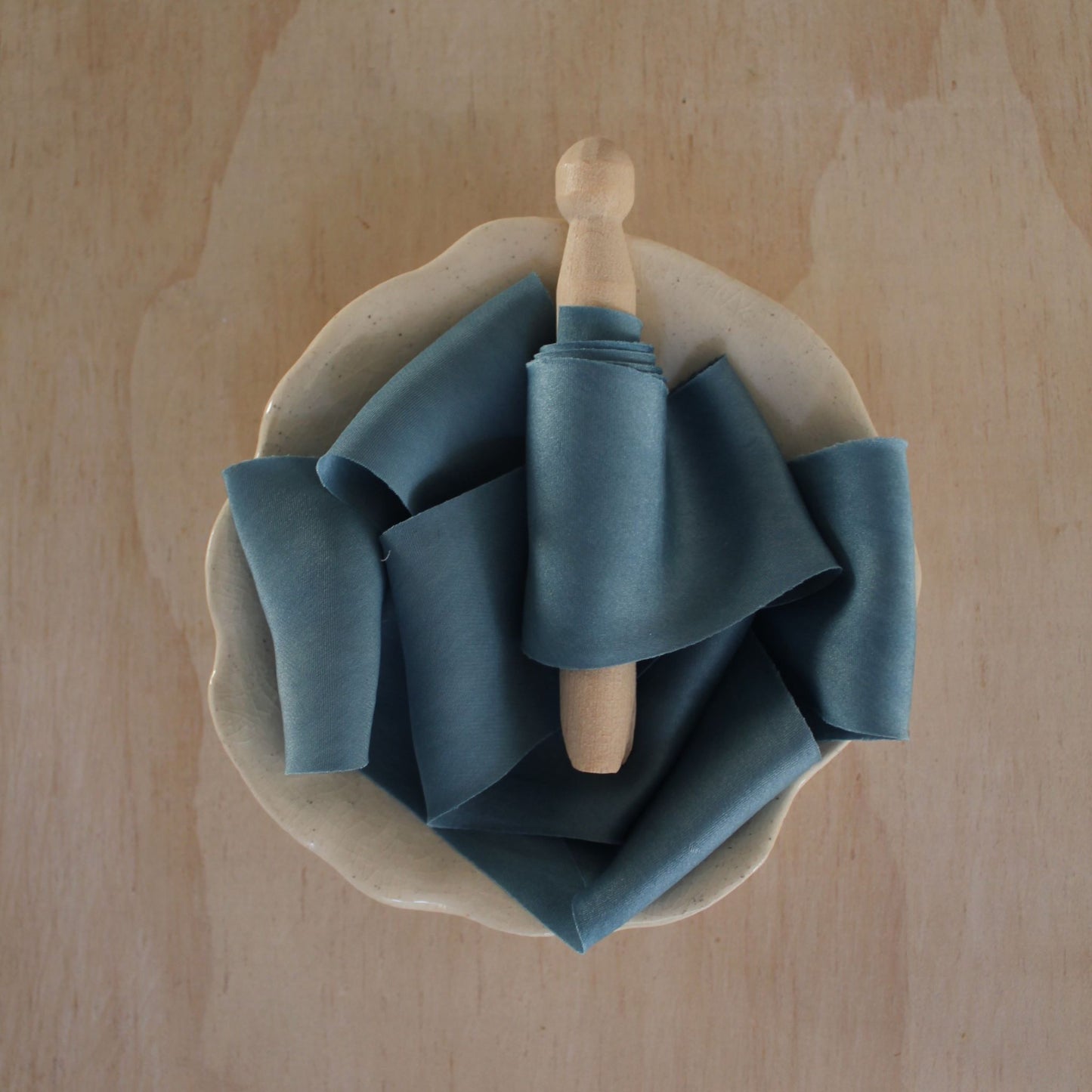 Blue silk charmeuse ribbon bias cut, handmade in Canada, perfect for luxury weddings and stationery.