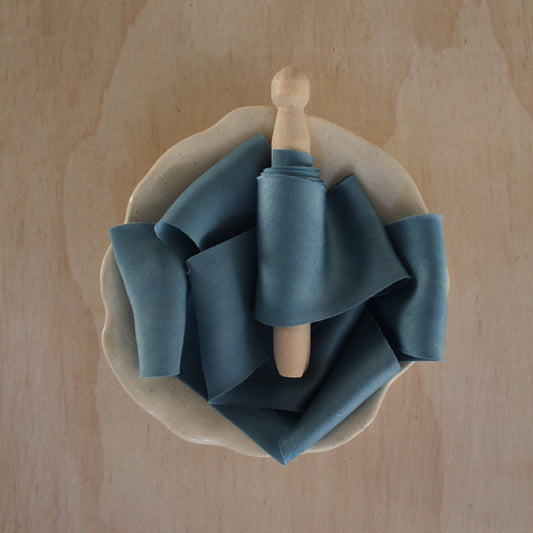 Blue silk charmeuse ribbon bias cut, handmade in Canada, perfect for luxury weddings and stationery.