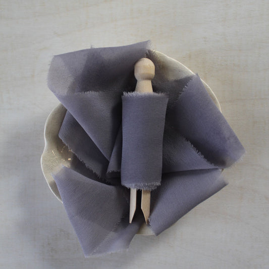 Lavender Mist silk chiffon ribbon hand-torn and draped elegantly.


