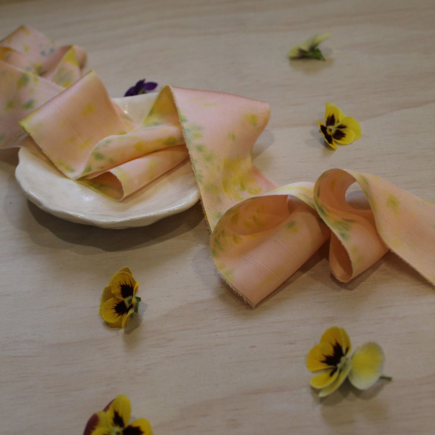 PANSY print Silk Charmeuse Ribbon Hand Torn