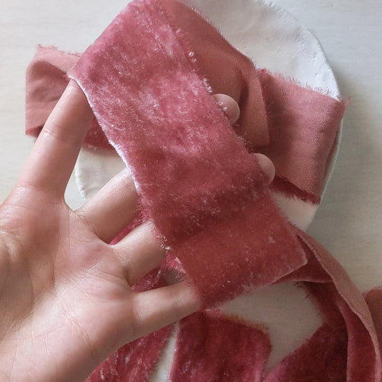 Naturally dyed berry silk velvet ribbon in romantic wedding styling