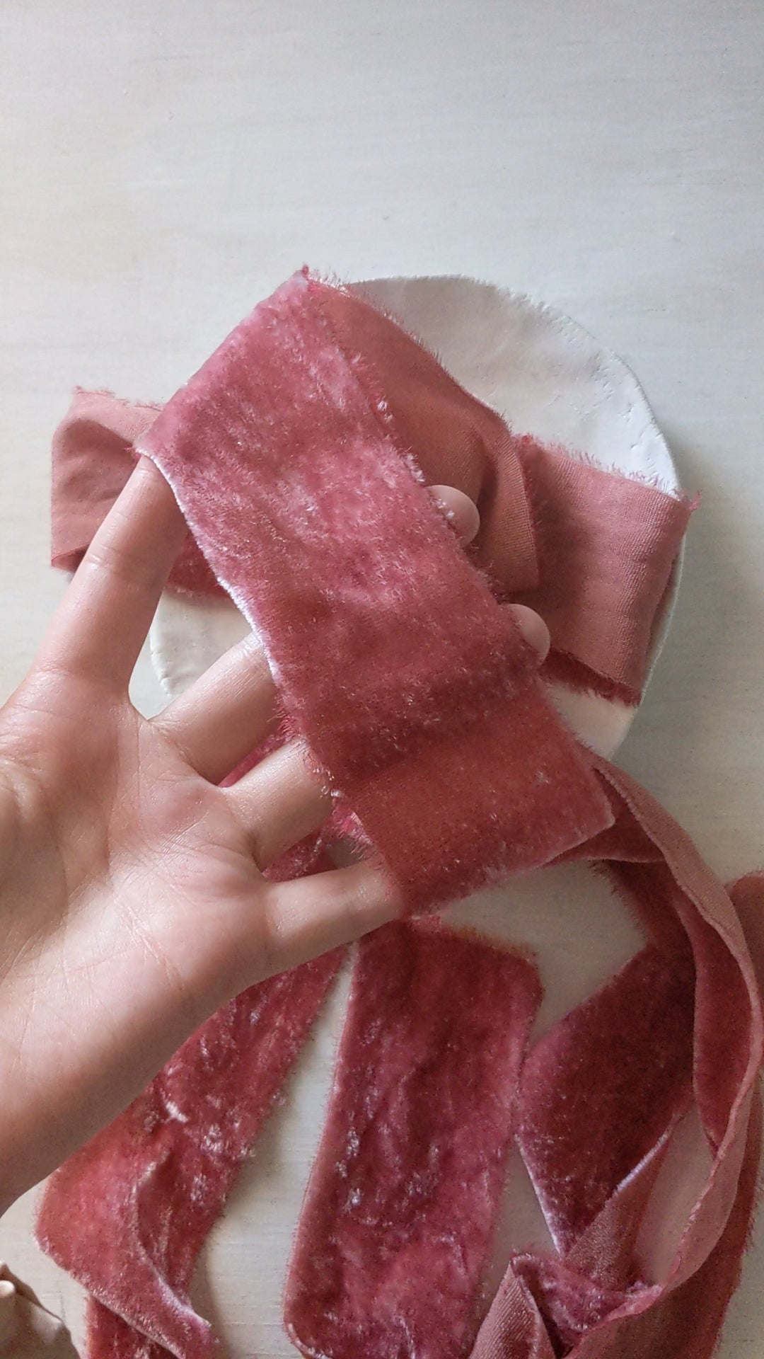 Naturally dyed berry silk velvet ribbon in romantic wedding styling