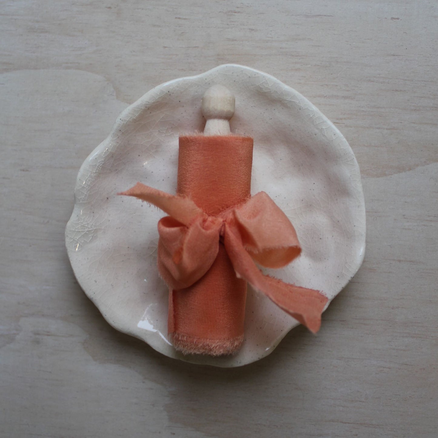 Handmade salmon silk ribbon, hand-torn with a feathered edge, naturally dyed for a unique, rustic look.