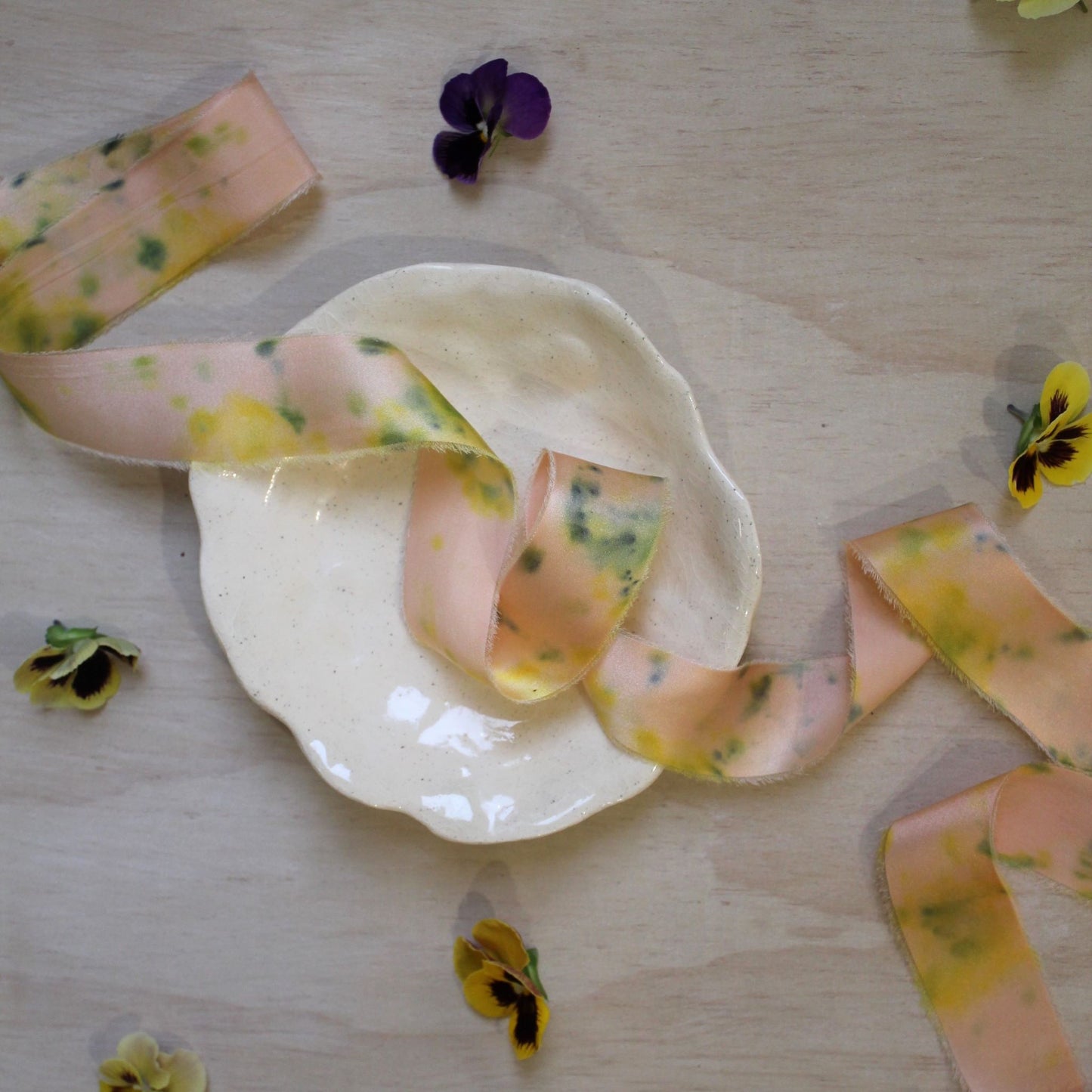 PANSY print Silk Charmeuse Ribbon Hand Torn
