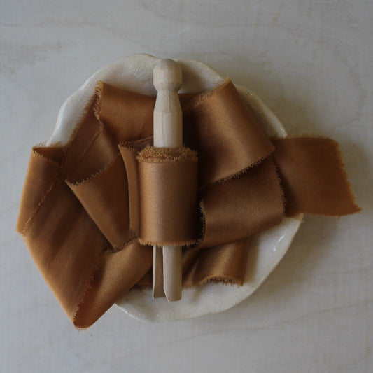Terra cotta charmeuse silk ribbon, hand torn and dyed, perfect for wedding styling, florist decor in Toronto.