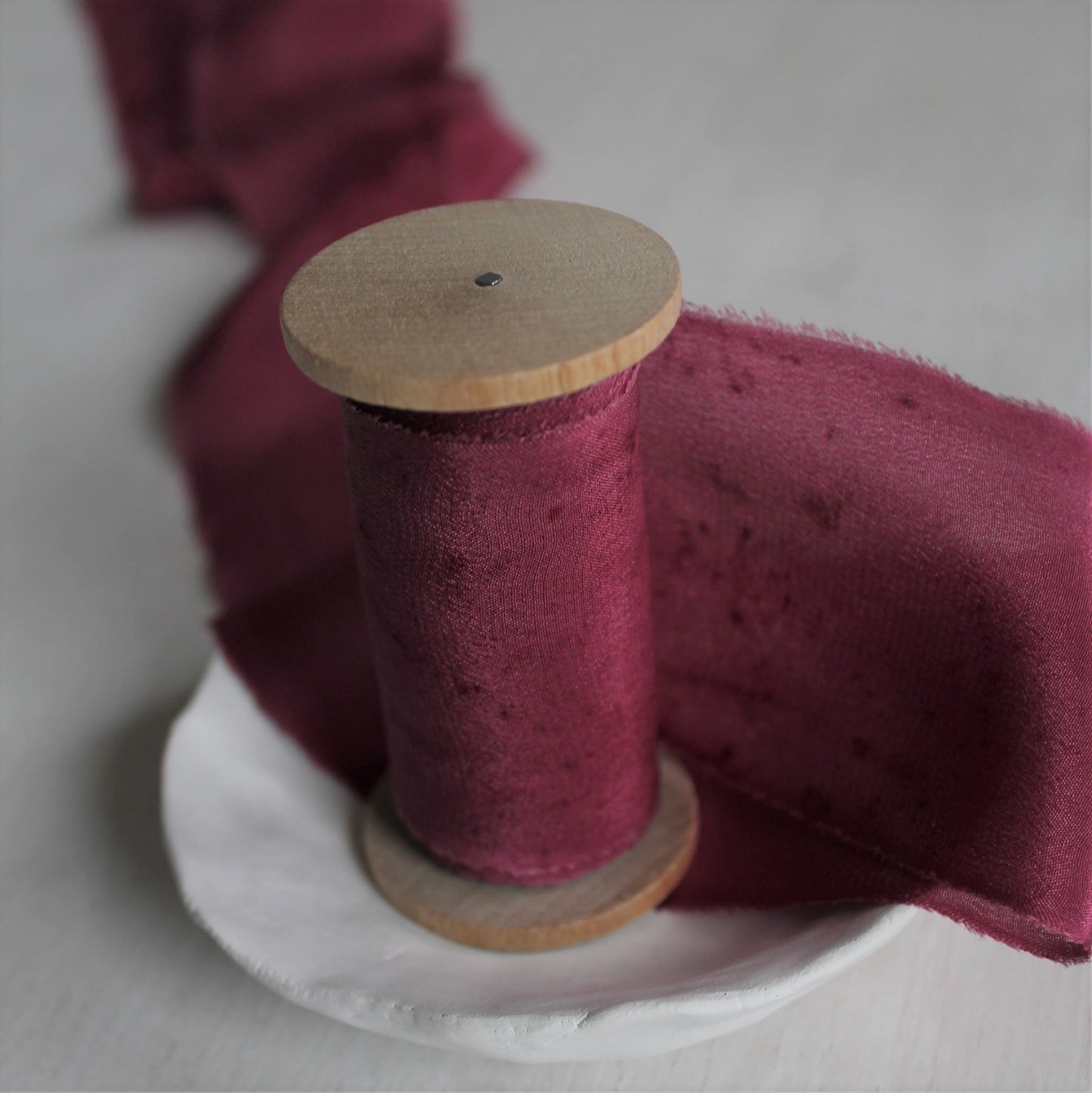100% silk berry ribbon, hand dyed in Canada, ideal for high-end bridal and fine art styling.
