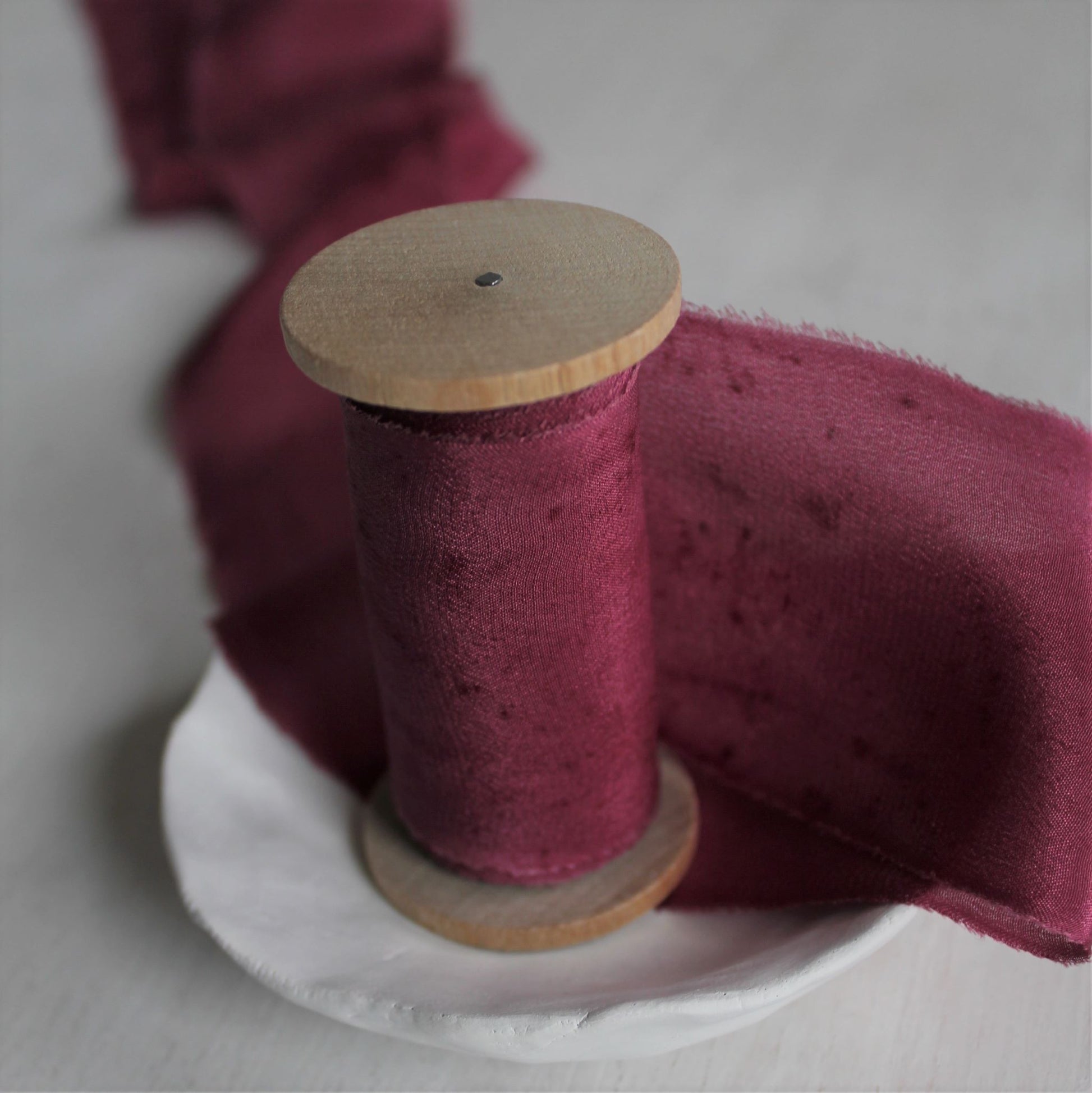 100% silk berry ribbon, hand dyed in Canada, ideal for high-end bridal and fine art styling.
