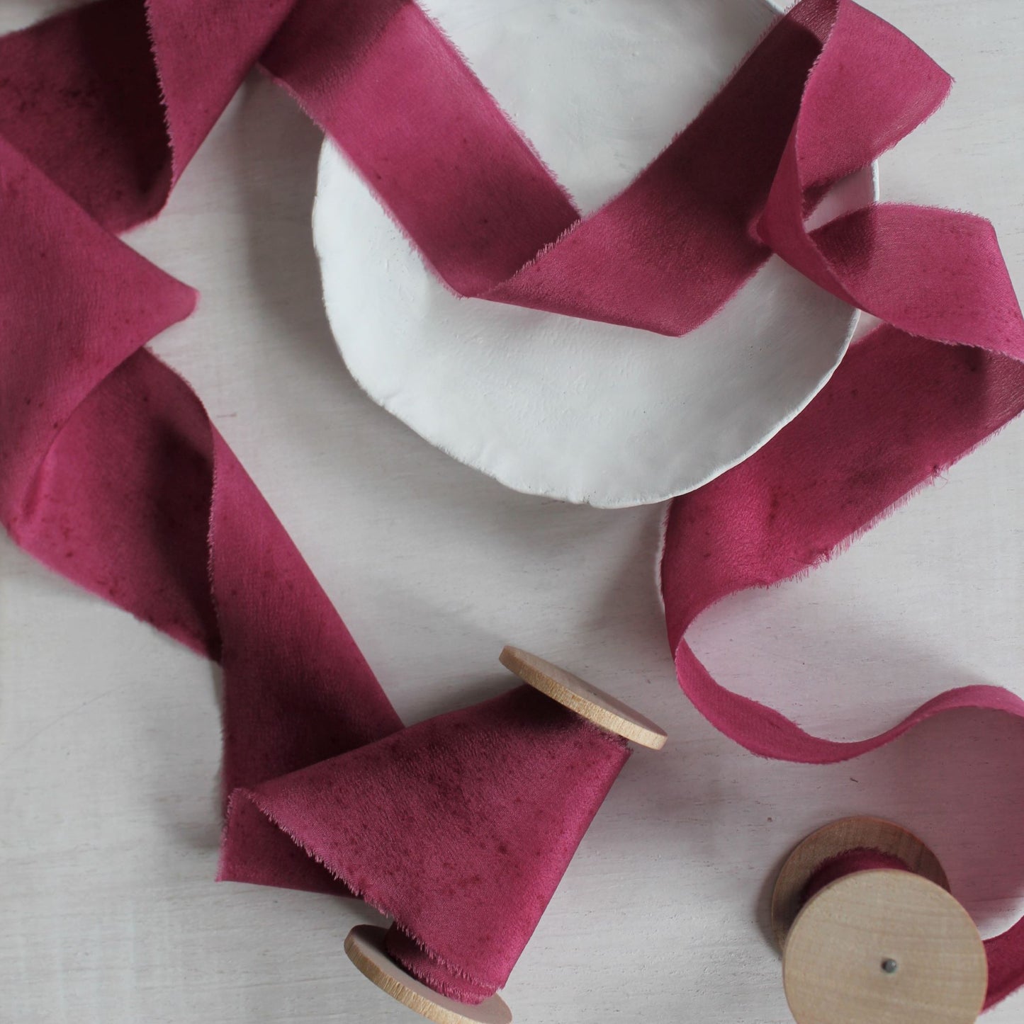 100% silk hand-dyed ribbon in berry, ideal for fine art wedding styling.

