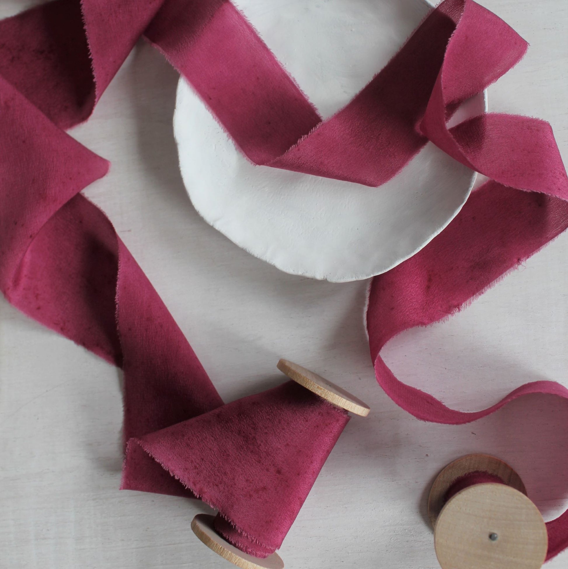 100% silk hand-dyed ribbon in berry, ideal for fine art wedding styling.

