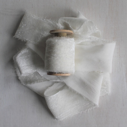 WHITE Silk Velvet Ribbon Hand Torn